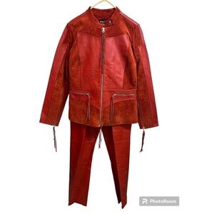 Metrostyle Women’s Orange Leather Suede Fringe Biker Jacket and Pants Set SZ 10